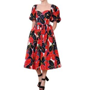 Horchow Women Vintage Floral Midi Dress 4 Puff Sleeve Statement Pinup Rockabilly